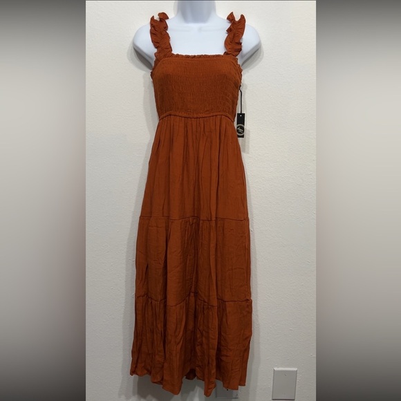Rust Smocked Ruffle Strap midi Dress - Picture 8 of 11